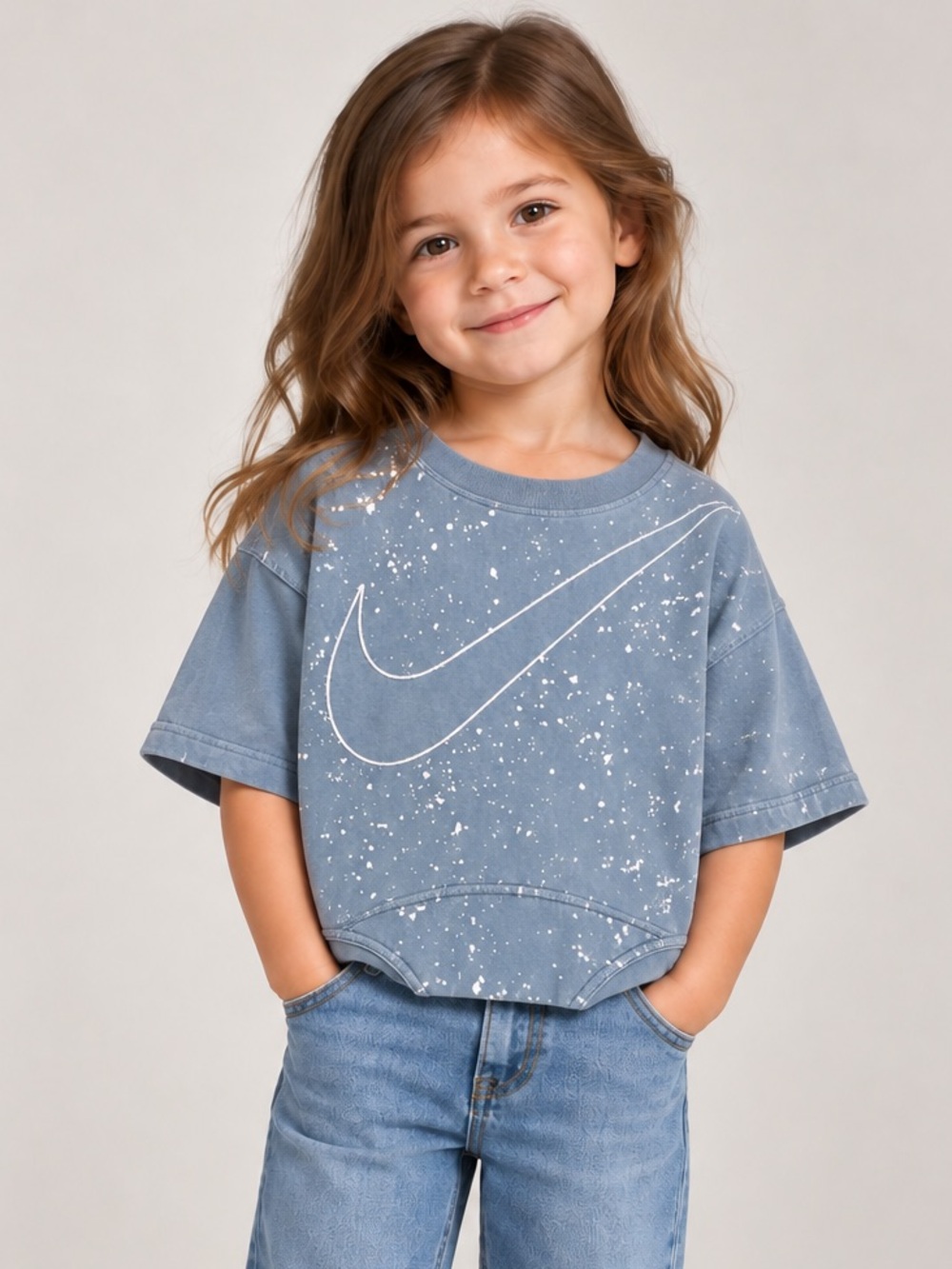 Nike Girls Large Oversized Swoosh Paint Splatter Short Sleeve Sweatshirt Blue